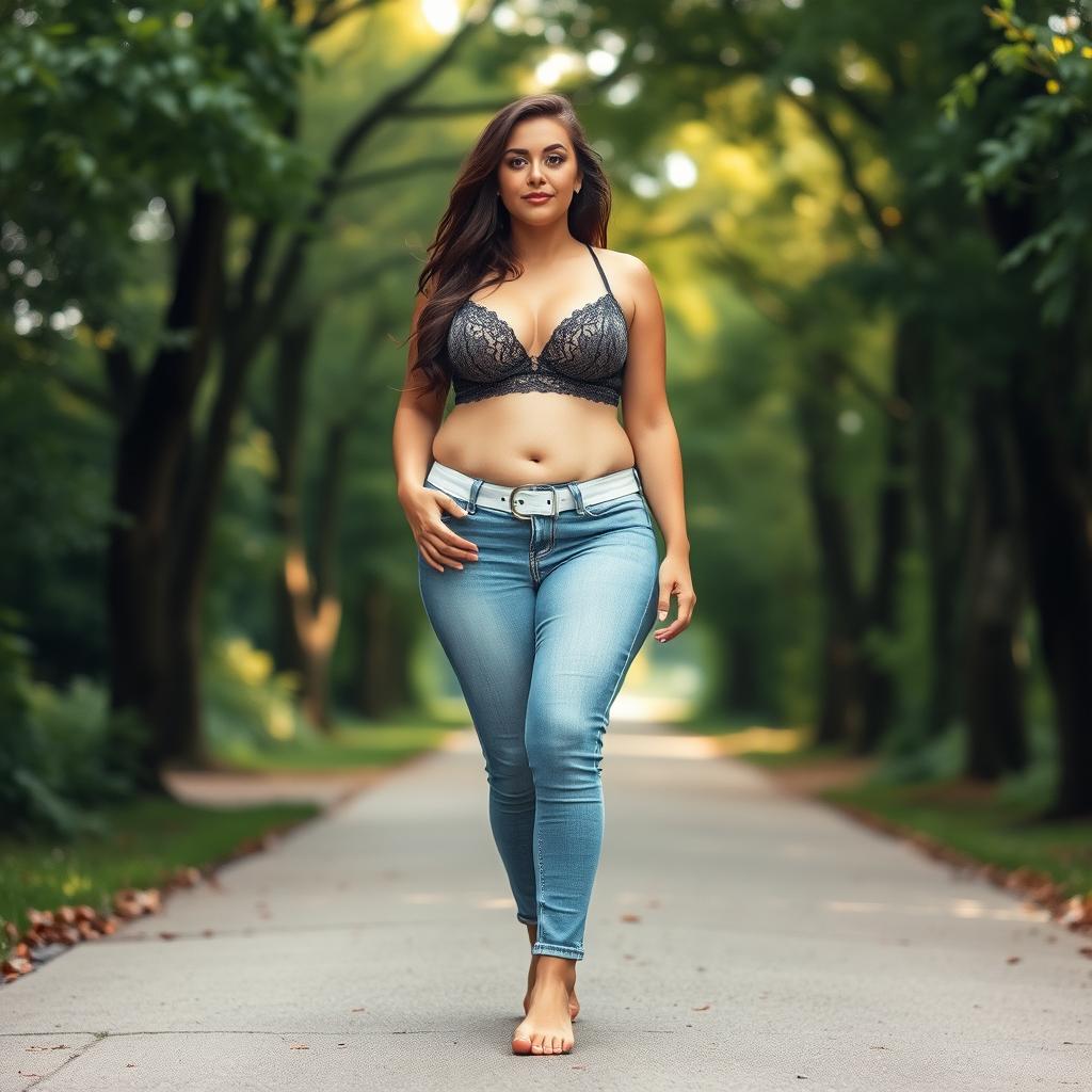 A beautiful and stunning shapely girl with medium breasts, very wide, fat bulging hips, thick round fat thighs, and inner thighs gently touching