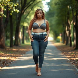 A beautiful and stunning shapely girl with medium breasts, very wide, fat bulging hips, thick round fat thighs, and inner thighs gently touching