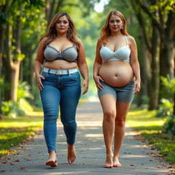 A beautiful and stunning shapely girl with medium breasts, very wide, fat bulging hips, thick round fat thighs, and inner thighs gently touching