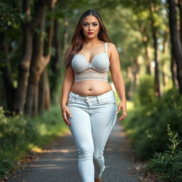 A beautiful and stunning shapely girl with medium breasts, wide, fat bulging hips, and thick round fat thighs with inner thighs gently touching