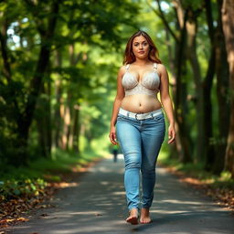 A beautiful and stunning shapely girl with medium breasts, wide, fat bulging hips, and thick round fat thighs with inner thighs gently touching