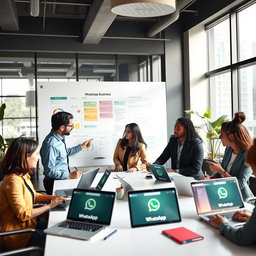 A modern office environment featuring a diverse group of business professionals collaborating on a WhatsApp Business project
