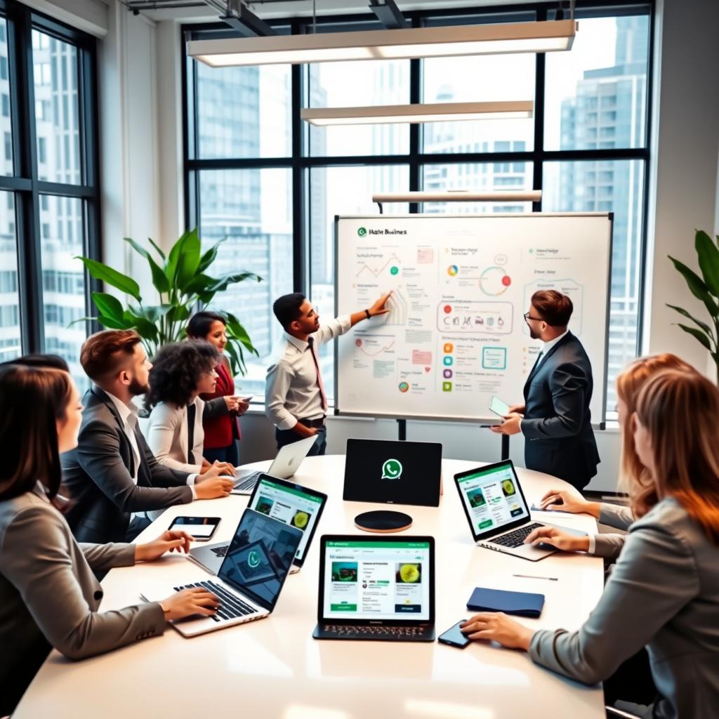 A modern office environment featuring a diverse group of business professionals collaborating on a WhatsApp Business project