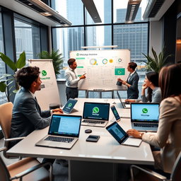 A modern office environment featuring a diverse group of business professionals collaborating on a WhatsApp Business project