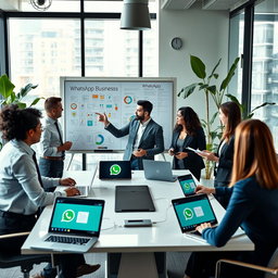A modern office environment featuring a diverse group of business professionals collaborating on a WhatsApp Business project