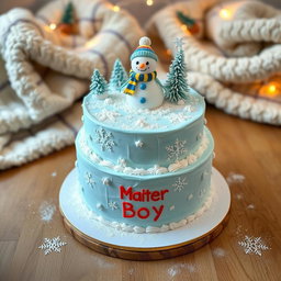 A birthday cake designed with a winter theme for a boy