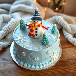 A birthday cake designed with a winter theme for a boy