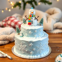 A birthday cake designed with a winter theme for a boy