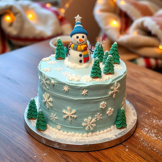 A birthday cake designed with a winter theme for a boy