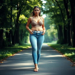 A beautiful and stunning athletic girl with medium breasts, very wide, fat bulging hips, and thick round fat thighs with inner thighs gently touching each other