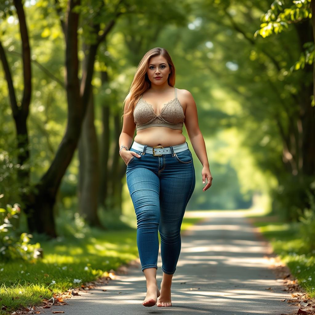 A beautiful and stunning athletic girl with medium breasts, very wide, fat bulging hips, and thick round fat thighs with inner thighs gently touching each other