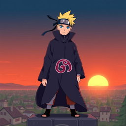 A heroic pose of Naruto Uzumaki as the Seventh Hokage (Nanadaime Hokage), standing tall on top of the Hokage Monument with the Hidden Leaf Village in the background