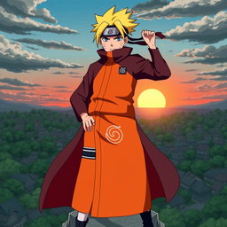 A heroic pose of Naruto Uzumaki as the Seventh Hokage (Nanadaime Hokage), standing tall on top of the Hokage Monument with the Hidden Leaf Village in the background