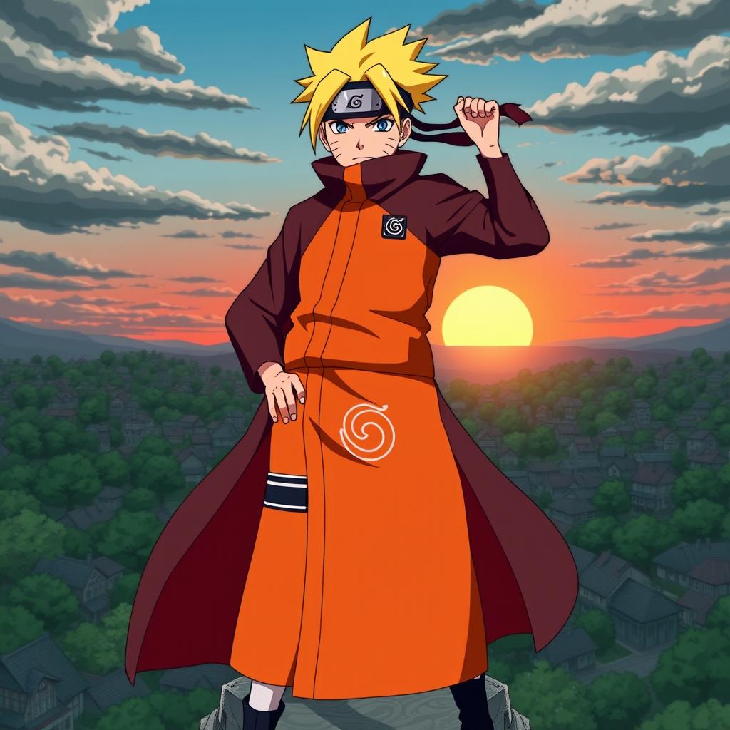 A heroic pose of Naruto Uzumaki as the Seventh Hokage (Nanadaime Hokage), standing tall on top of the Hokage Monument with the Hidden Leaf Village in the background