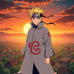 A heroic pose of Naruto Uzumaki as the Seventh Hokage (Nanadaime Hokage), standing tall on top of the Hokage Monument with the Hidden Leaf Village in the background