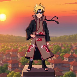 A heroic pose of Naruto Uzumaki as the Seventh Hokage (Nanadaime Hokage), standing tall on top of the Hokage Monument with the Hidden Leaf Village in the background