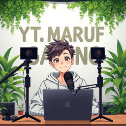 An 18-year-old anime boy sitting in front of a computer desk with a microphone and a laptop