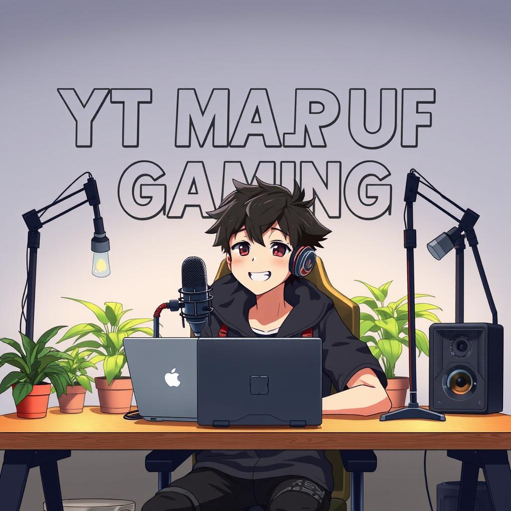 An 18-year-old anime boy sitting in front of a computer desk with a microphone and a laptop