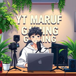 An 18-year-old anime boy sitting in front of a computer desk with a microphone and a laptop