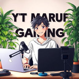 An 18-year-old anime boy sitting in front of a computer desk with a microphone and a laptop