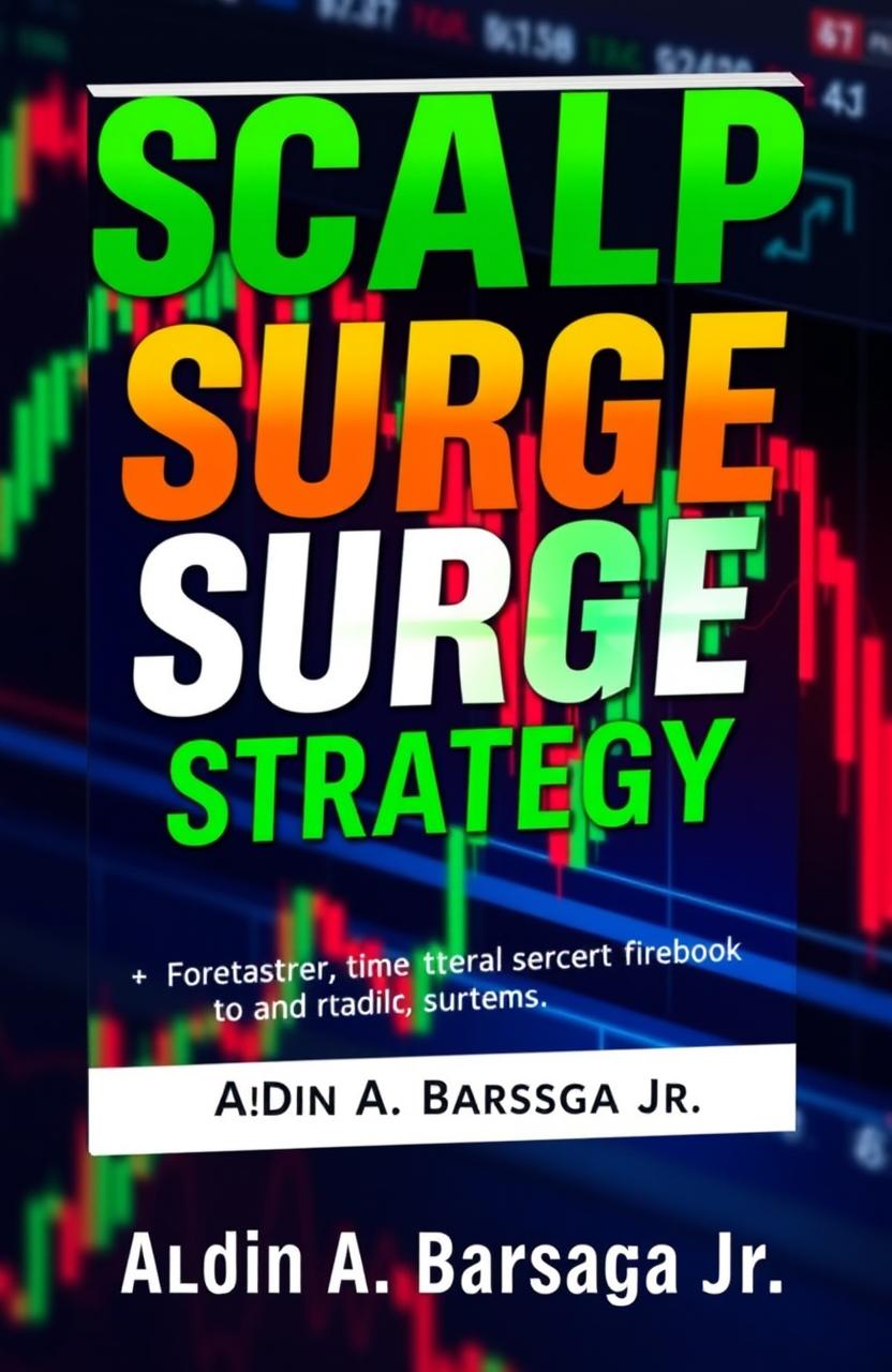 An eye-catching e-book cover for forex trading titled 'ScalpMaster Surge Strategy' by Aldin A