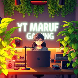 An 18-year-old anime boy sitting at a computer desk with a microphone and a laptop in front of him, featuring the text "YT MARUF GAMING" displayed prominently behind him on the wall