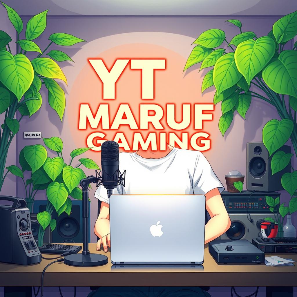 An 18-year-old anime boy sitting at a computer desk with a microphone and a laptop in front of him, featuring the text "YT MARUF GAMING" displayed prominently behind him on the wall