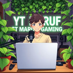 An 18-year-old anime boy sitting at a computer desk with a microphone and a laptop in front of him, featuring the text "YT MARUF GAMING" displayed prominently behind him on the wall
