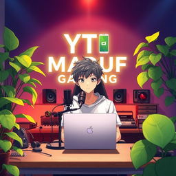 An 18-year-old anime boy sitting at a computer desk with a microphone and a laptop in front of him, featuring the text "YT MARUF GAMING" displayed prominently behind him on the wall