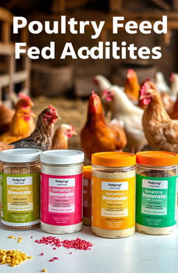 A visually engaging display of various types of poultry feed additives, including vibrant colors and textures