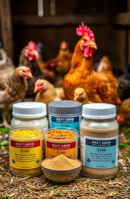 A visually engaging display of various types of poultry feed additives, including vibrant colors and textures