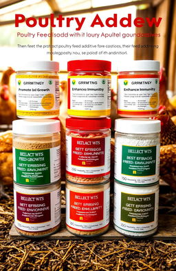 A visually engaging display of various types of poultry feed additives, including vibrant colors and textures