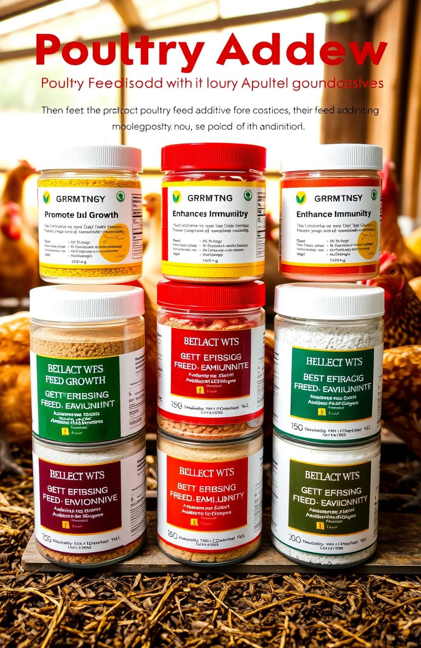 A visually engaging display of various types of poultry feed additives, including vibrant colors and textures