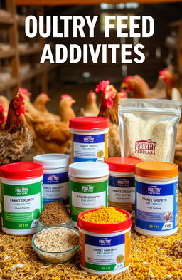 A visually engaging display of various types of poultry feed additives, including vibrant colors and textures