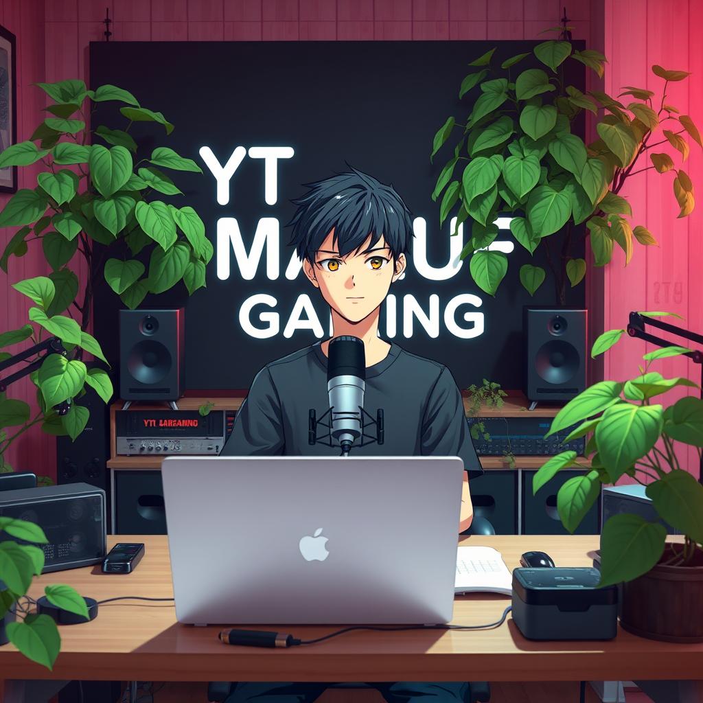 An 18-year-old anime boy sitting at a computer desk with a microphone and a laptop in front of him, featuring the text "YT MARUF GAMING" displayed prominently behind him on the wall