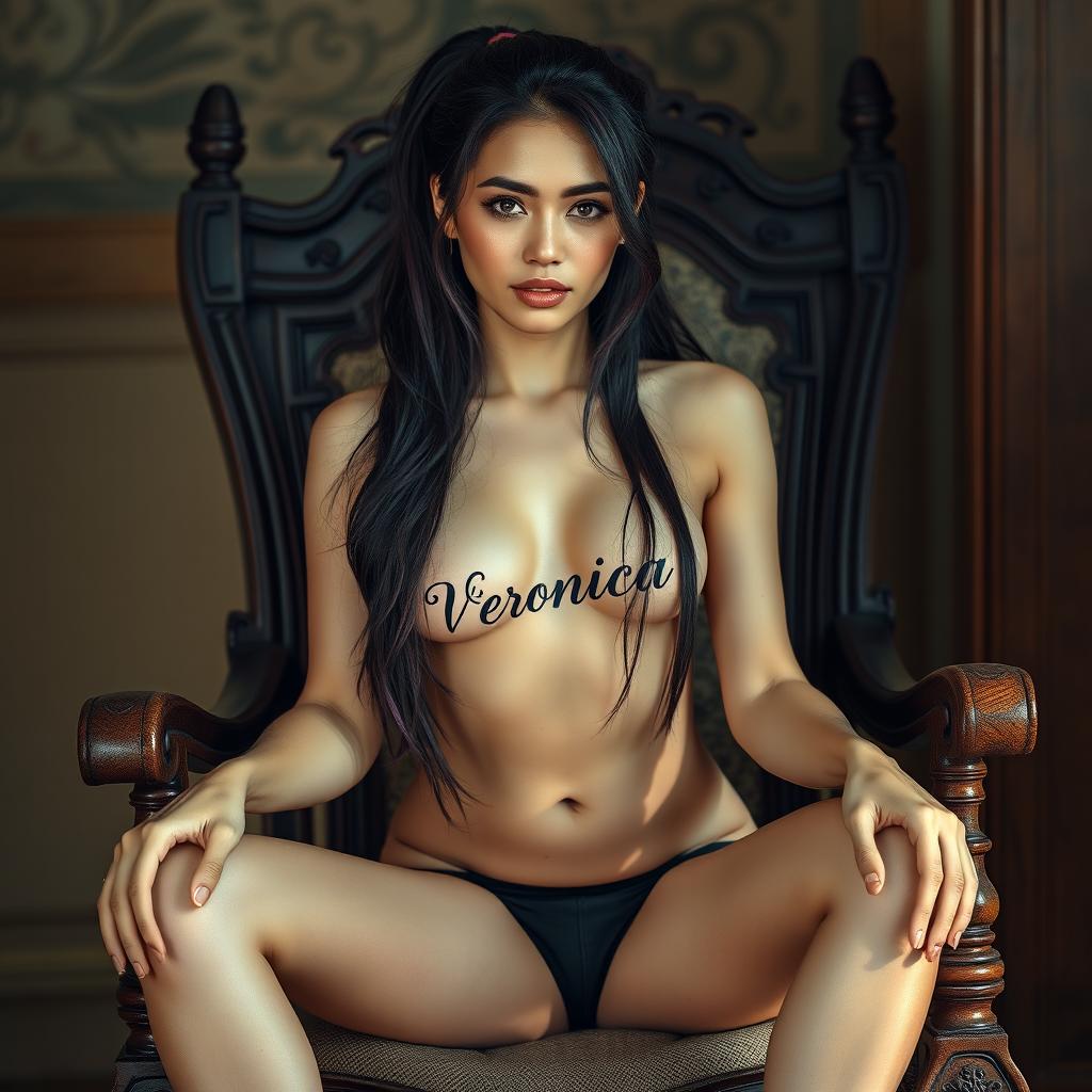 A full body image of a beautiful 20-year-old woman sitting on an ornate wooden chair, elegantly posed with her legs open
