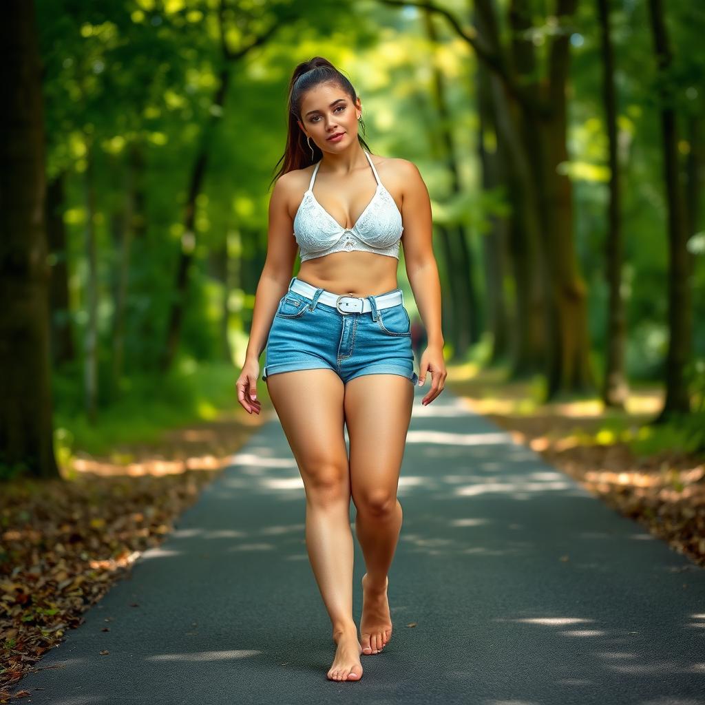 A beautiful and stunning athletic girl with medium breasts, very wide fat bulging hips, and thick round fat thighs with inner thighs gently touching