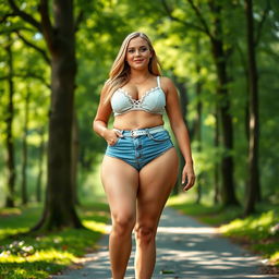 A beautiful and stunning athletic girl with medium breasts, very wide fat bulging hips, and thick round fat thighs with inner thighs gently touching