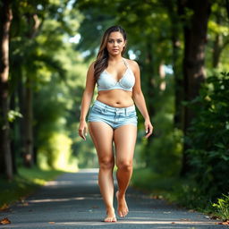 A beautiful and stunning athletic girl with medium breasts, very wide fat bulging hips, thick round fat thighs where the inner thighs gently touch