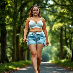 A beautiful and stunning athletic girl with medium breasts, very wide fat bulging hips, thick round fat thighs where the inner thighs gently touch