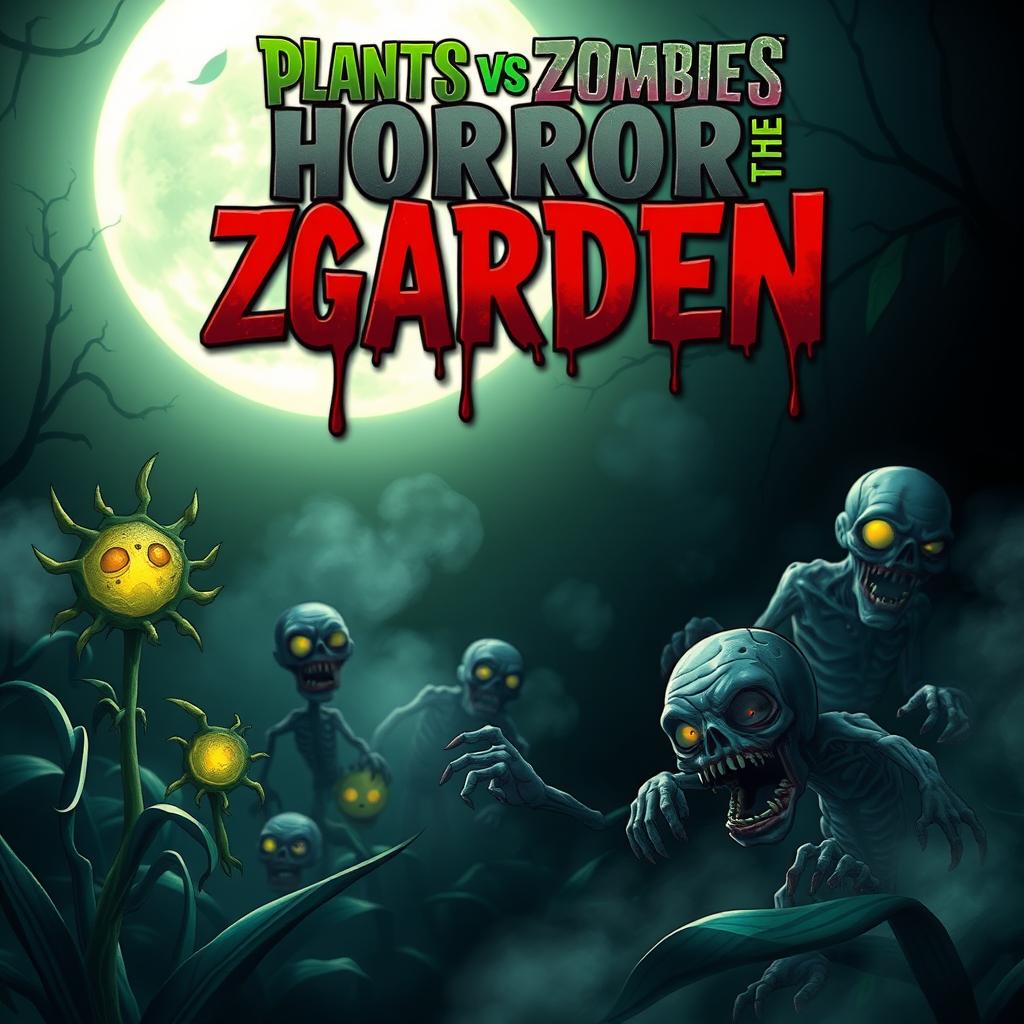 A chilling horror-themed artwork inspired by 'Plants vs Zombies', featuring eerie, menacing plants and grotesque zombies in a dark, twisted garden