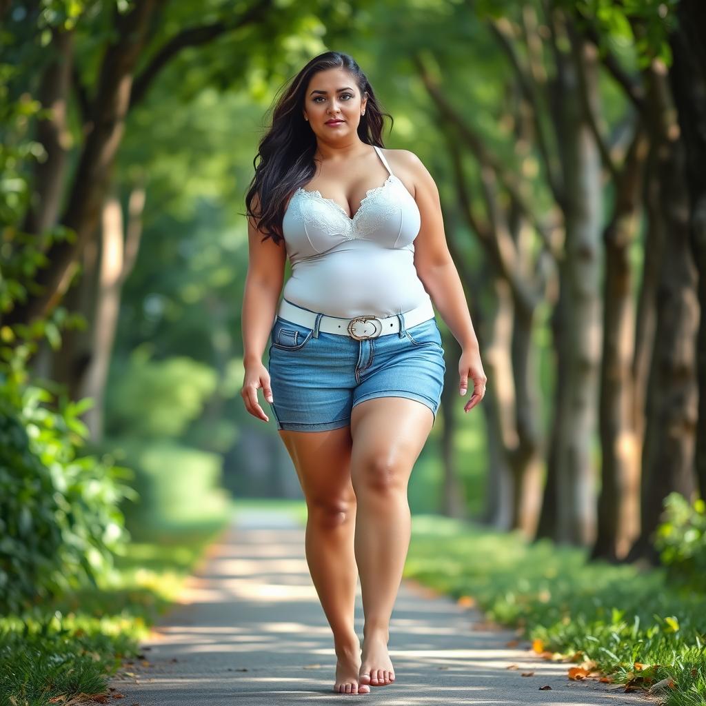 A beautiful and stunning curvy girl with medium breasts, very wide fat bulging hips, thick round fat thighs where the inner thighs touch