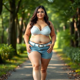 A beautiful and stunning plump girl with medium breasts, very wide fat bulging hips, and thick round fat thighs where the inner thighs touch