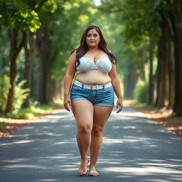 A beautiful and stunning plump girl with medium breasts, very wide fat bulging hips, and thick round fat thighs where the inner thighs touch