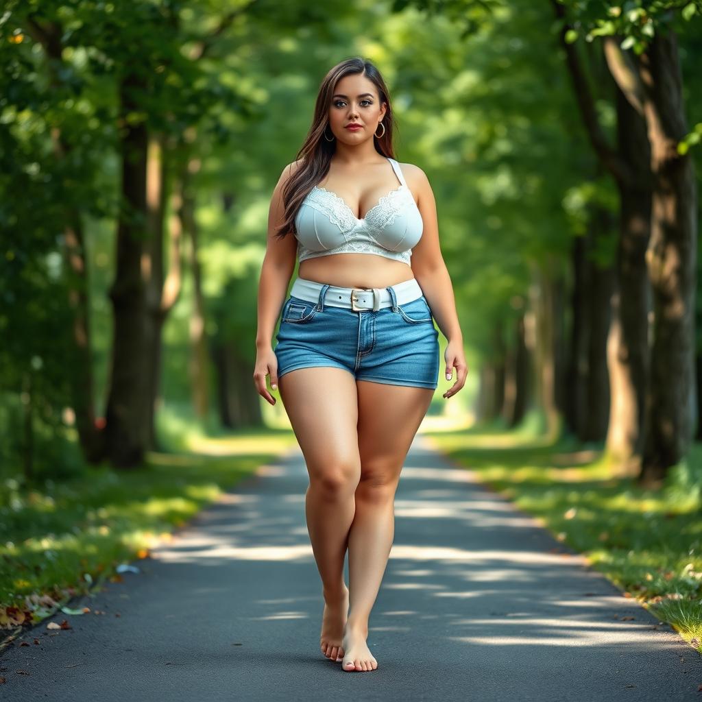 A beautiful and stunning plump girl with medium breasts, very wide fat bulging hips, and thick round fat thighs where the inner thighs touch