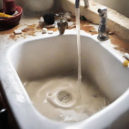 A detailed image of a leaking pipe under a kitchen sink amidst a mess of plumbing. Water droplets are captured mid-fall, creating a sense of urgency.