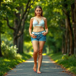 A beautiful and stunning girl with an innocent charm, featuring medium breasts, very wide fat bulging hips, thick round fat thighs where the inner thighs touch