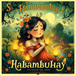 A vibrant poster depicting an imaginative representation of Sisa or Habambuhay, featuring a whimsical design with lush greenery, traditional Filipino elements, and mystical motifs