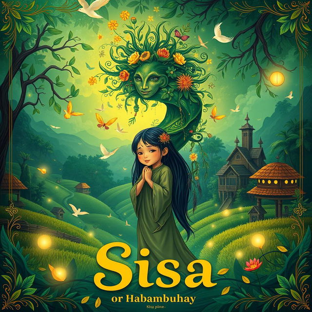 A vibrant poster depicting an imaginative representation of Sisa or Habambuhay, featuring a whimsical design with lush greenery, traditional Filipino elements, and mystical motifs