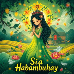 A vibrant poster depicting an imaginative representation of Sisa or Habambuhay, featuring a whimsical design with lush greenery, traditional Filipino elements, and mystical motifs